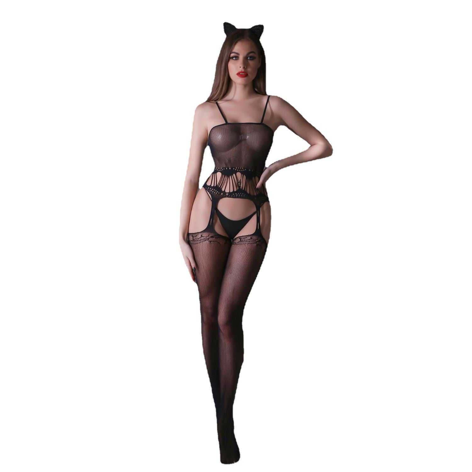 Image of KARMELA European and American new erotic mesh clothes women's emotional fun jacquard suspender open crotch free foreign trade one-piece clothes